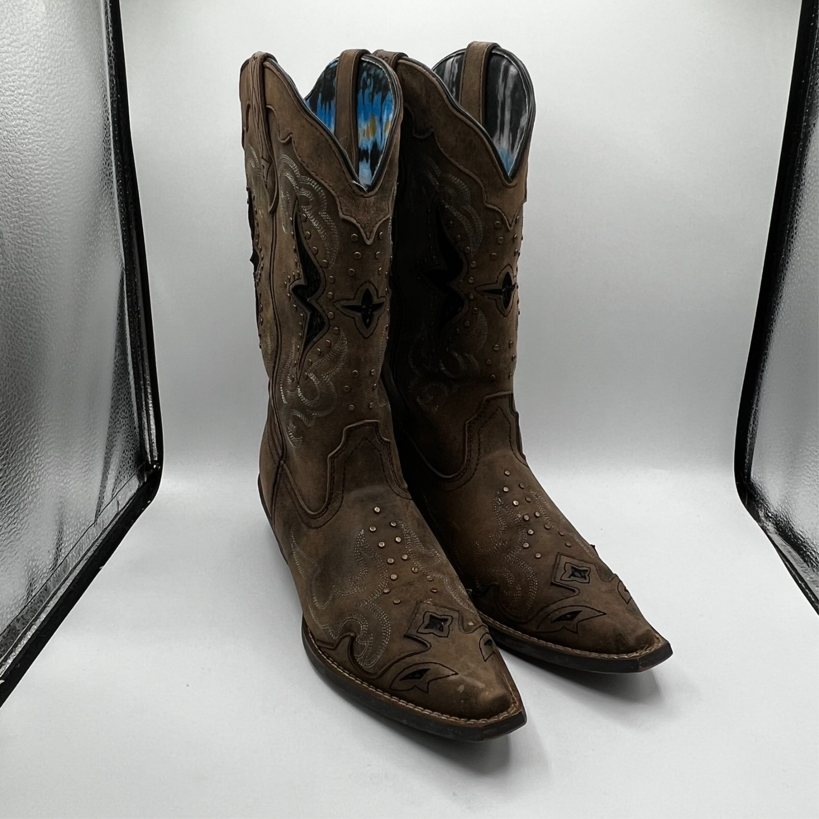 Laredo Lucretia Western Cowboy Boots Womens 8.5m Black Tan Studded Leather 52133